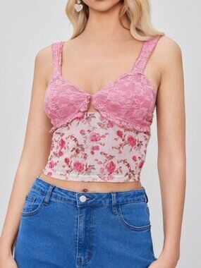 Pink Lace Floral Cami Top Coquette Y2K Rose Print Crop Tank